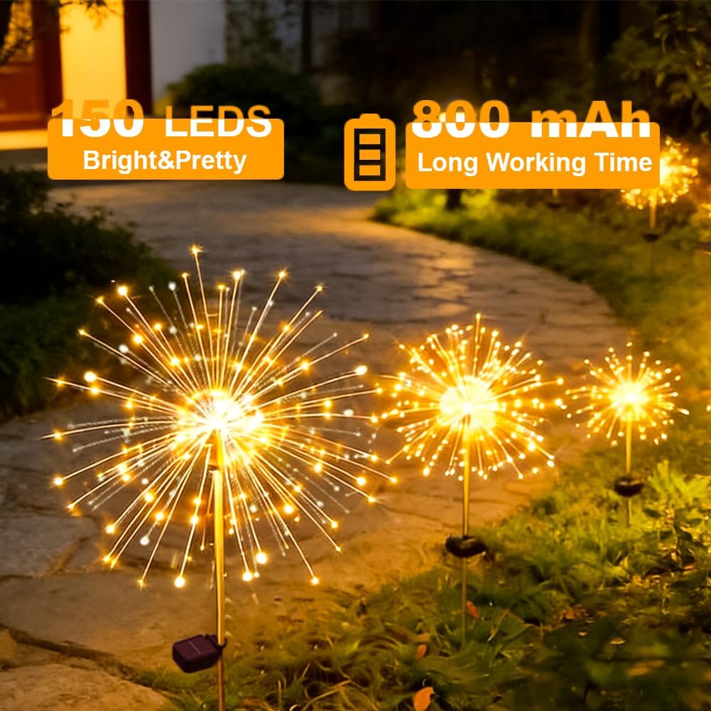 Solar Fireworks Lights for Outside, 150LED 8 Modes Fireworks Solar Lights Outdoor, Fairy Garden Flowers for Yard Pathway Wedding Party Christmas Diwali Garden Decor 2Pack (Warm White)