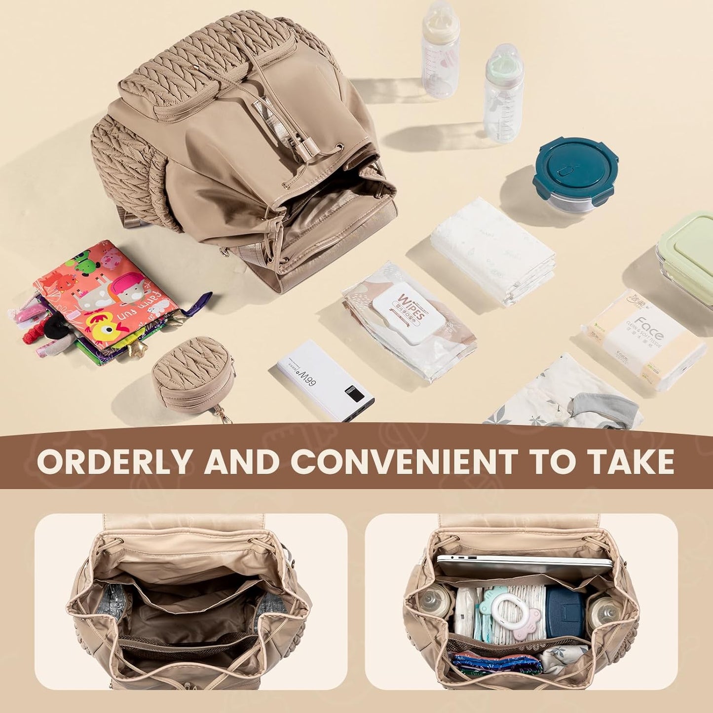 LOVEVOOK Diaper Bag Backpack, Small Baby Bag, Cute Baby Diaper Bag, Stylish Water-Resistant Travel Baby Bag for Mom, Baby Backpack with Changing Pad, Stroller Straps -Khaki