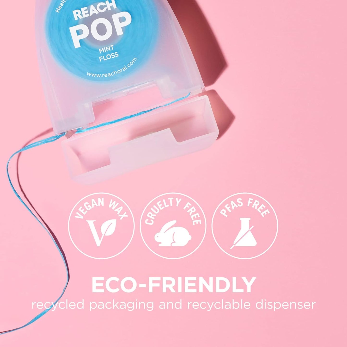 REACH POP Dental Floss, Mint, Plaque Remover for Teeth, Shred Resistant, Vegan Wax, Cruelty Free, Eco Friendly Packaging, Oral Care, PFAS Free, for Adults & Kids, 3 Pack, 54.6 yd