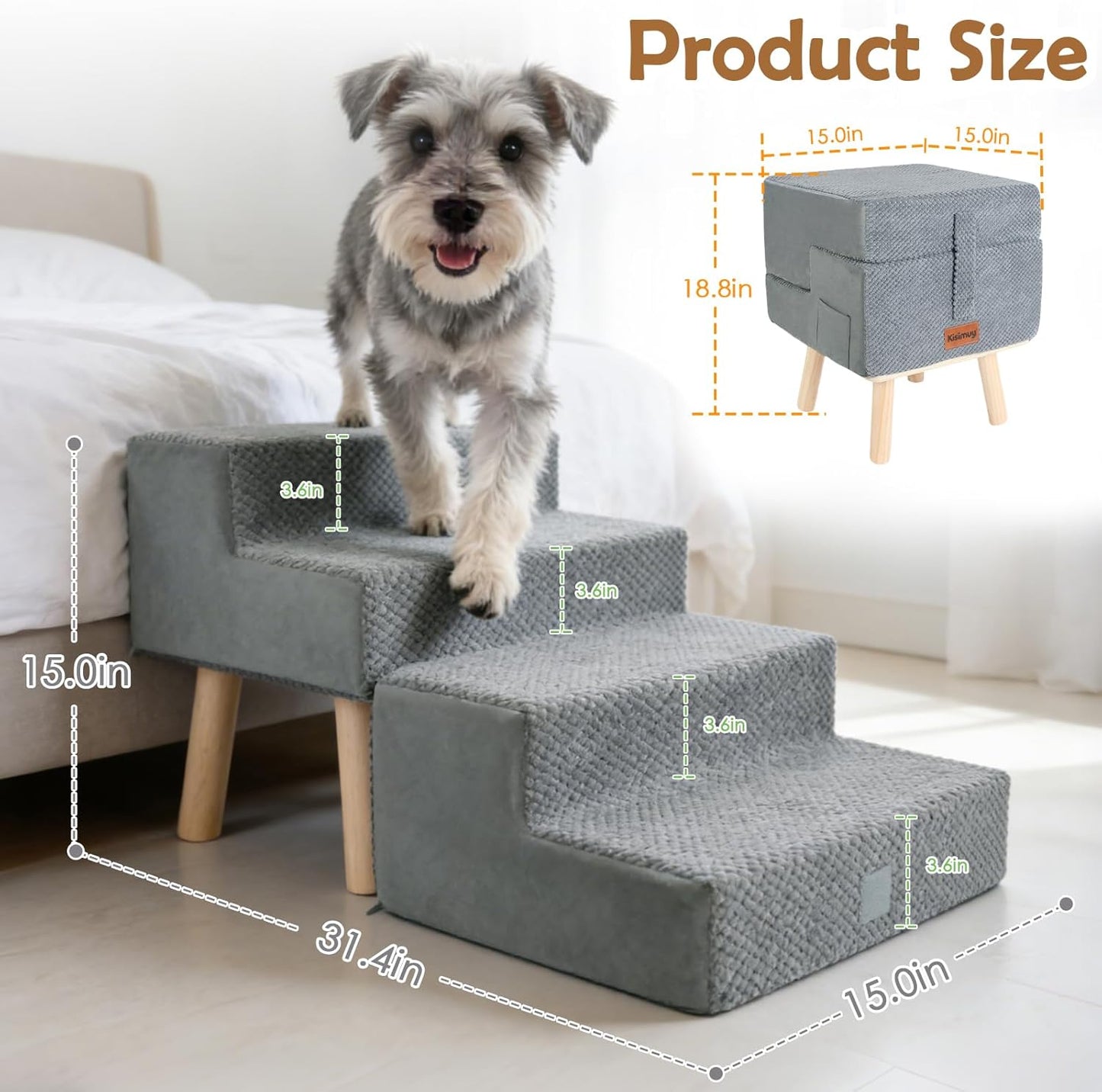 4-Step Dog Stairs for Small Dogs and Cats, 2-in-1 Foldable Wooden Dog Ramp for Couch Bed Sofa with Non-Slip Mat & Side Pockets, Split Ottoman Design, Grey