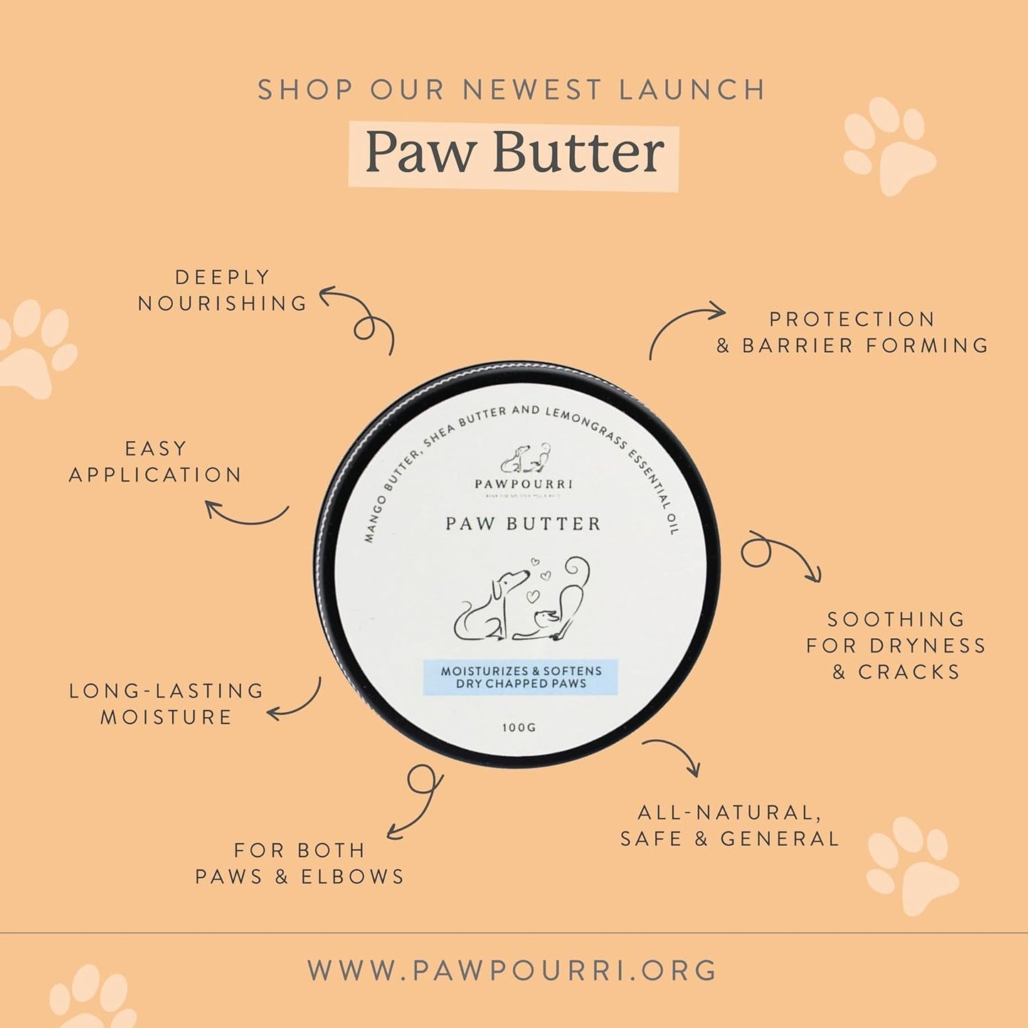 Paw Butter for Softening and moisturizing Dry and chapped Paws of Dogs and Cats | Enriched with a Blend of Mango Butter, shea Butter, and Lemongrass - 100g