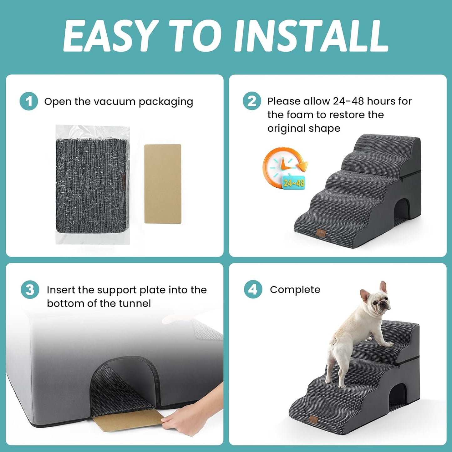 Dog Stairs with Tunnel, 5-Step Detachable Extra Wide Pet Stairs for Bed and Couch, 22.4" H Dog Step for Lowrider and Puppy, Elderly Cats, 17.7x33x22.4 inch, 5 Step, Dark Grey