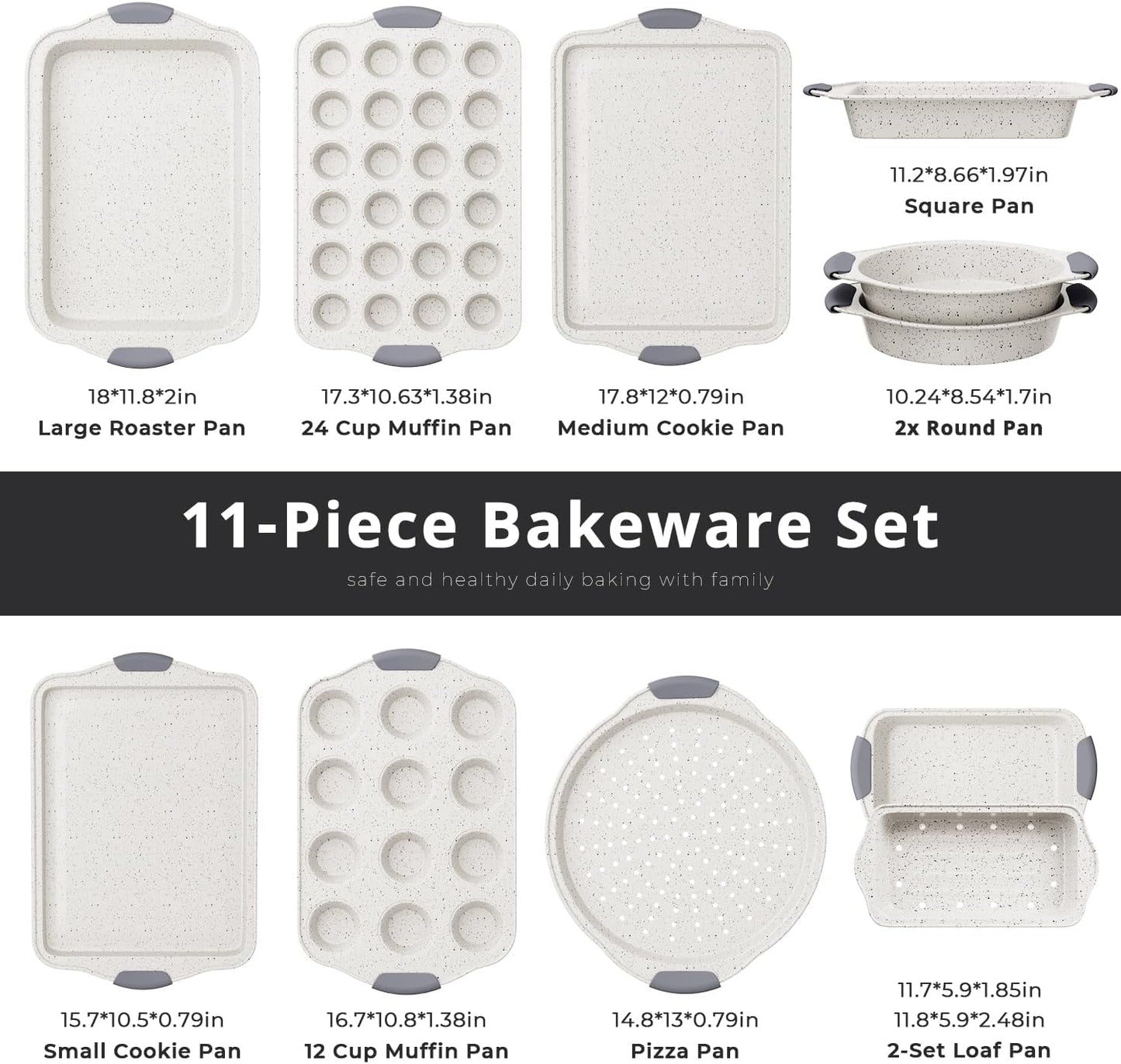 11-Piece Nonstick Baking Pans Set, Stackable Non Toxic Bakeware Sets with Cookie Sheets, Cake Pan, Loaf Pan, Pizza Pan, Muffin Pan, White&Gray