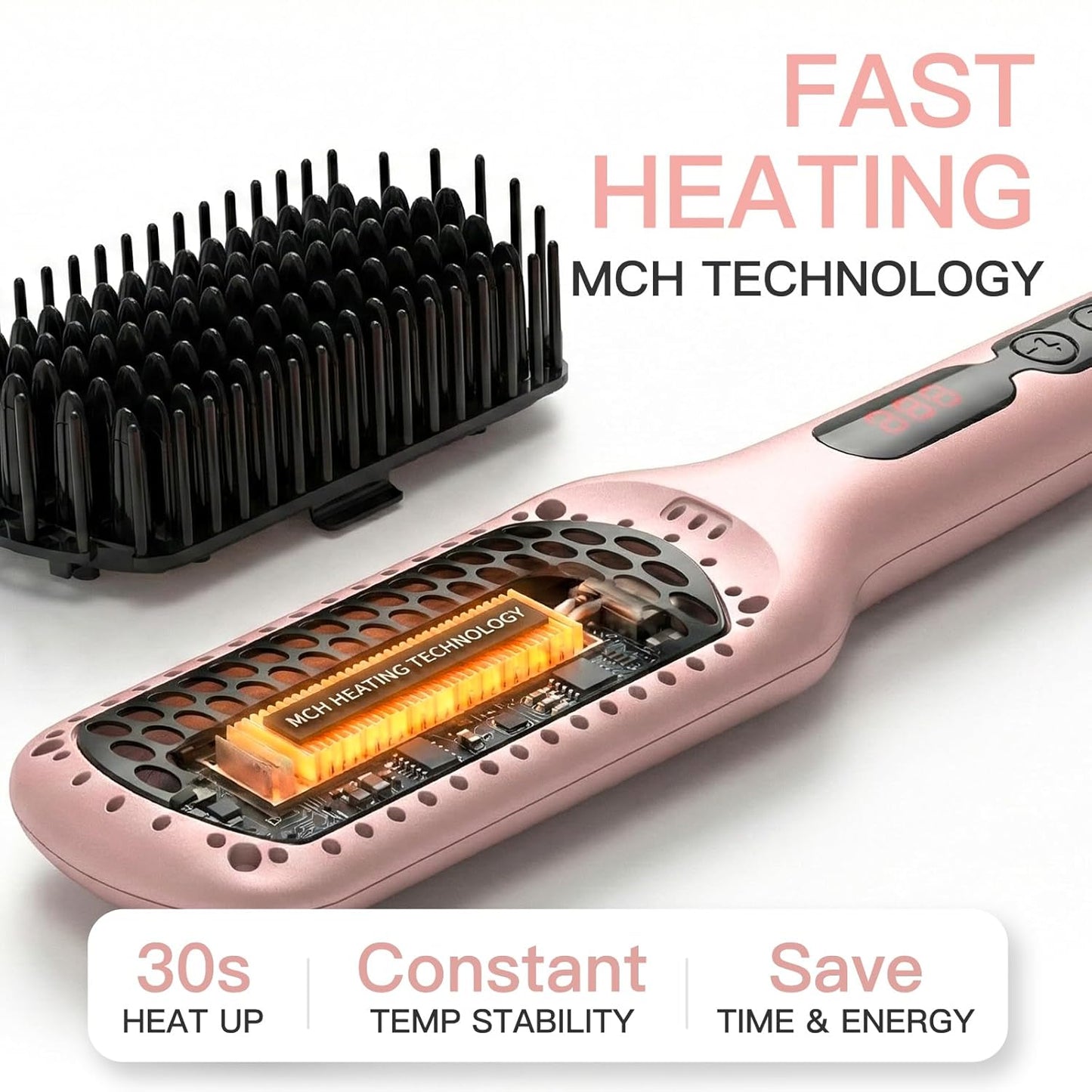 MEGAWISE Pro Ceramic Ionic Hair Straightener Brush for Home Salon | MCH Fast 20s Heating Tech with Auto-Off Safety | Anti-Scald with Universal Dual Voltage | Rotatable Power Cord
