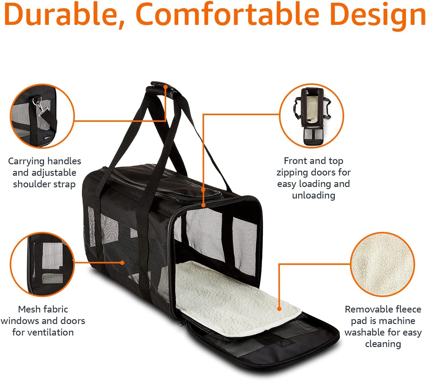 Amazon Basics Airline Approved Soft-Sided Mesh Pet Travel Carrier with Shoulder Strap, Removable Washable Fleece Pad, Top Opening, Ventilation for Dog, Cat, up to 22 pounds, 19.7Lx12Wx12H in., Black