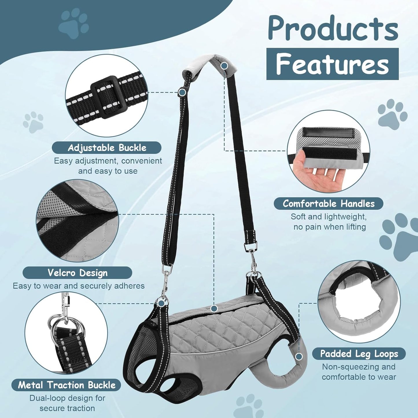 Dog Lift Harness, Pet Rehabilitation Breathable Lifts Bag, Adjustable Pet Leg Split Assistance Strap with Reflective Strip for Outdoor Walking (Grey, XL)