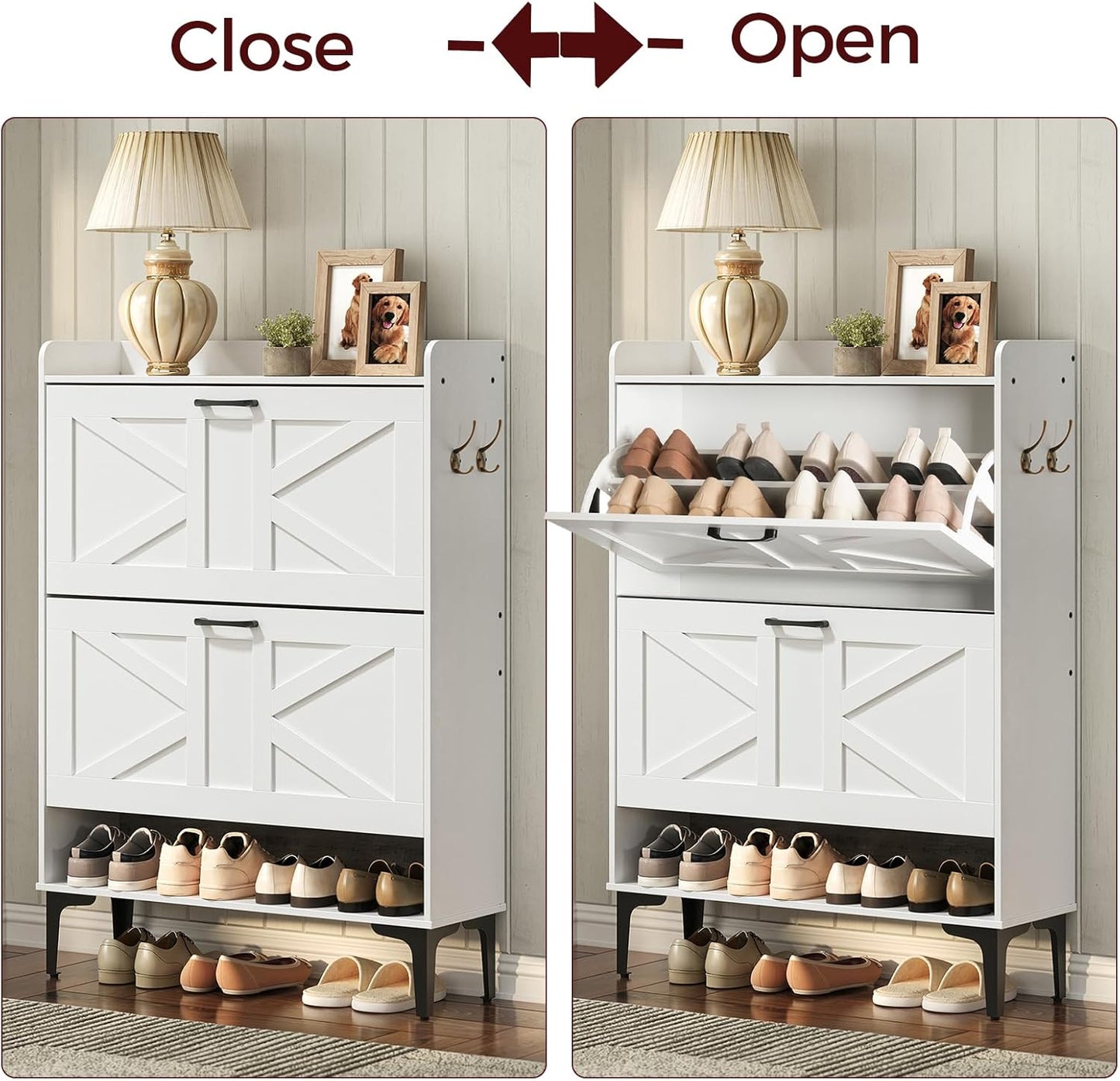 Shoe Storage Cabinet, Shoe Organizer with 2 Flip Drawers, Hidden Shoe Storage for Entryway, Freestanding Organizer with Open Storages, White SHWT9401