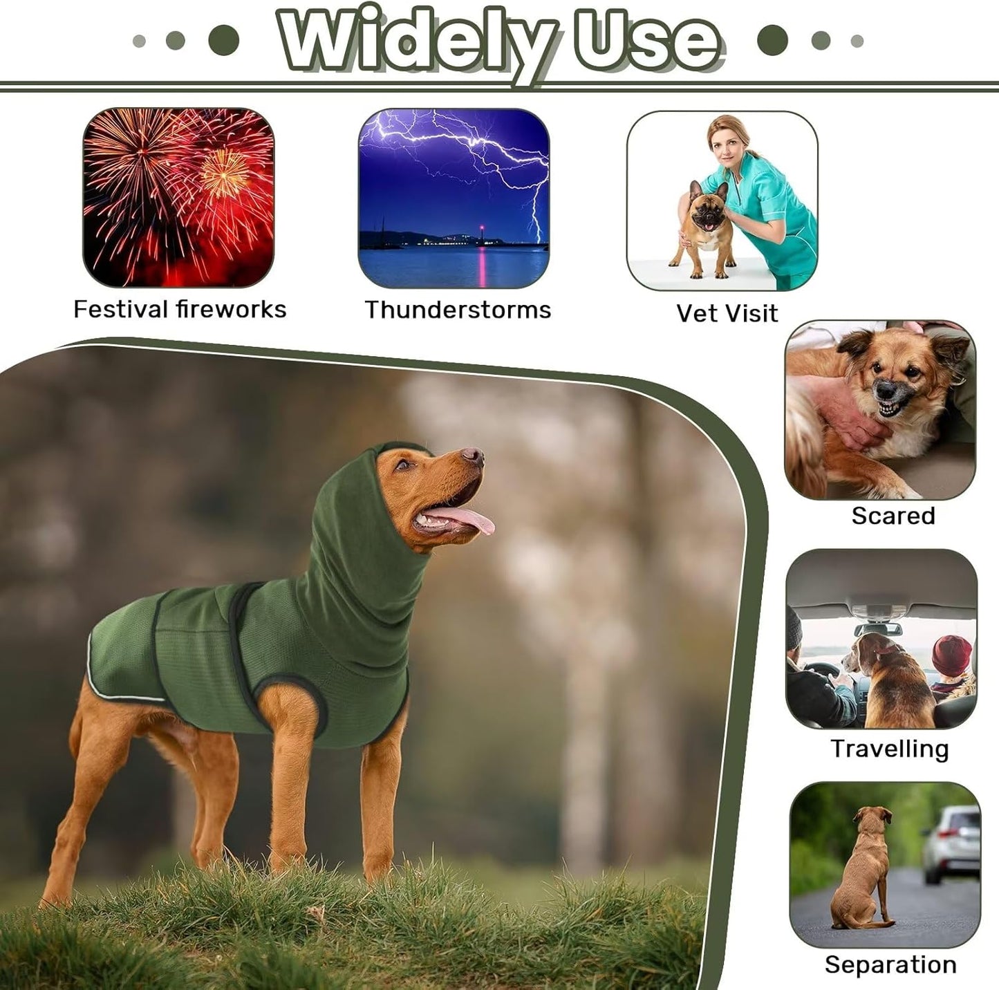 IDOMIK Dog Anxiety Calming Hoodie, Breathable Dog Jacket Vest for Thunderstorms, Fireworks, Vet Visits, Separation, Adjustable Noise Block & Ear Protection Recovery, Green, M