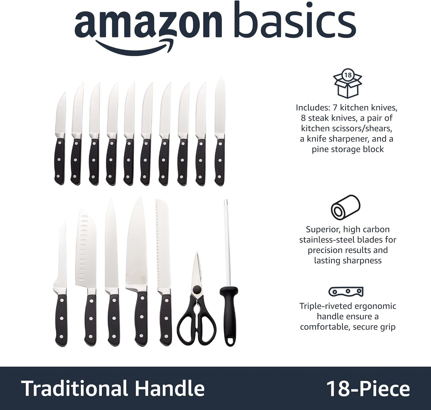 Amazon Basics 18-Piece Premium High-Carbon Stainless Steel Kitchen Knife Set with Built-in Sharpener, Ergonomic Handles, Pine Wood Block, Black