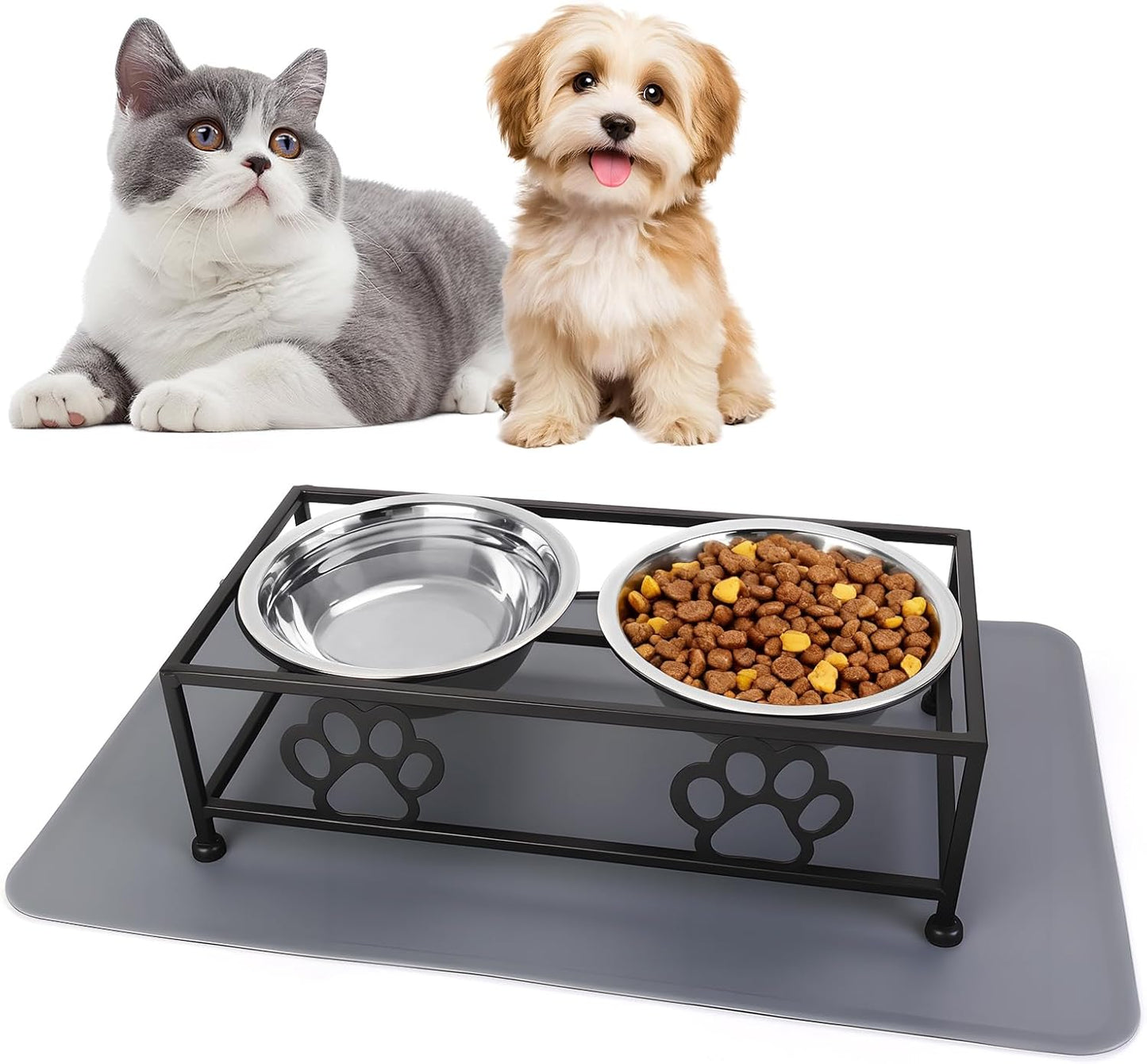 Elevated Cat Dog Bowls 2 Pack Raised Cat Dogs Bowls Stand with Non-Slip Slicone Mat Stainless Steel Elevated Pet Feeding Station (Black)