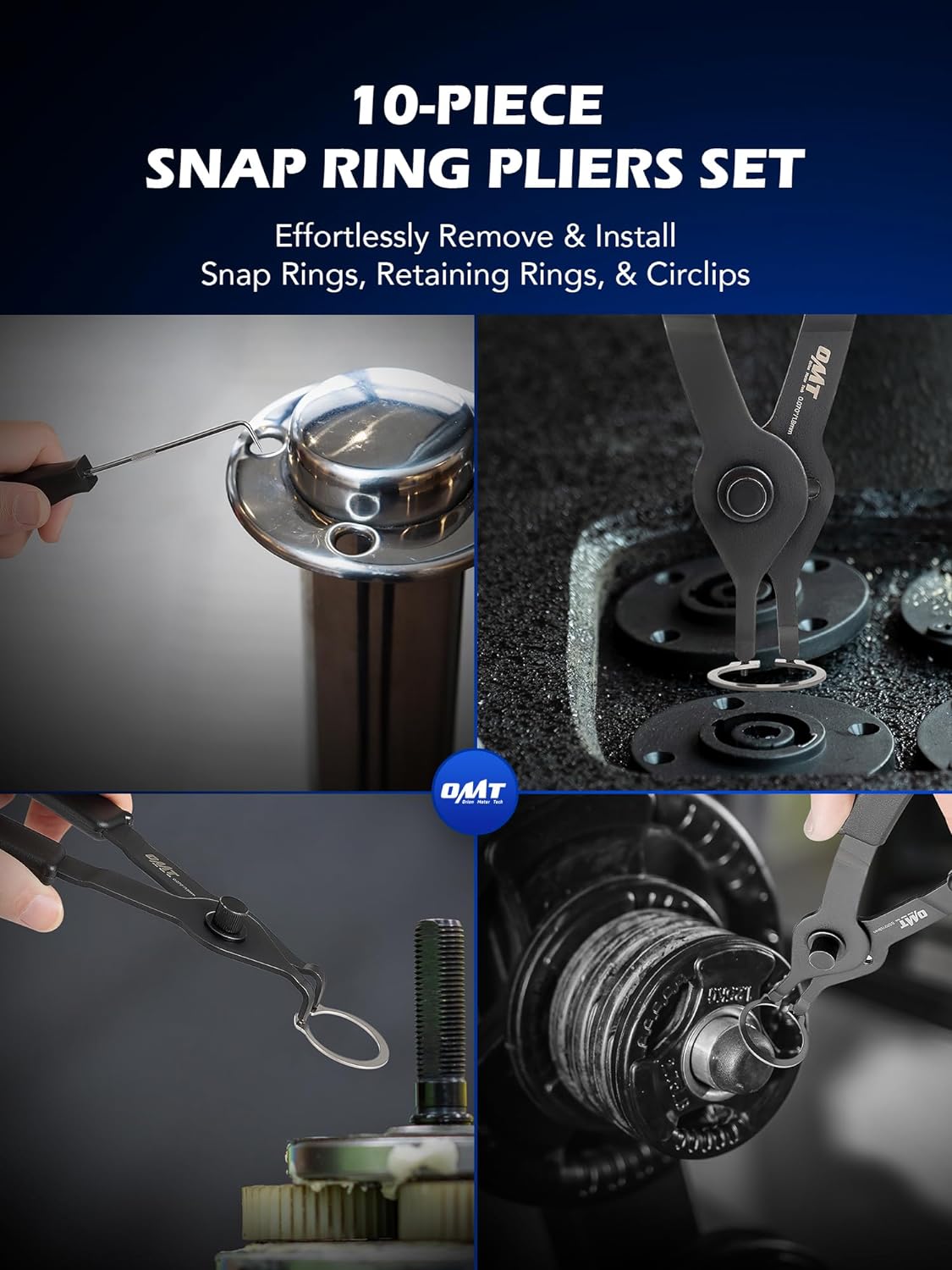 Orion Motor Tech 10pc Snap Ring Pliers Set, Internal & External Circlip Pliers With Bent & Straight Pliers, Hook Pick, Heavy Duty Snap Ring and Circlip Removal Tool with Storage Case & Gloves
