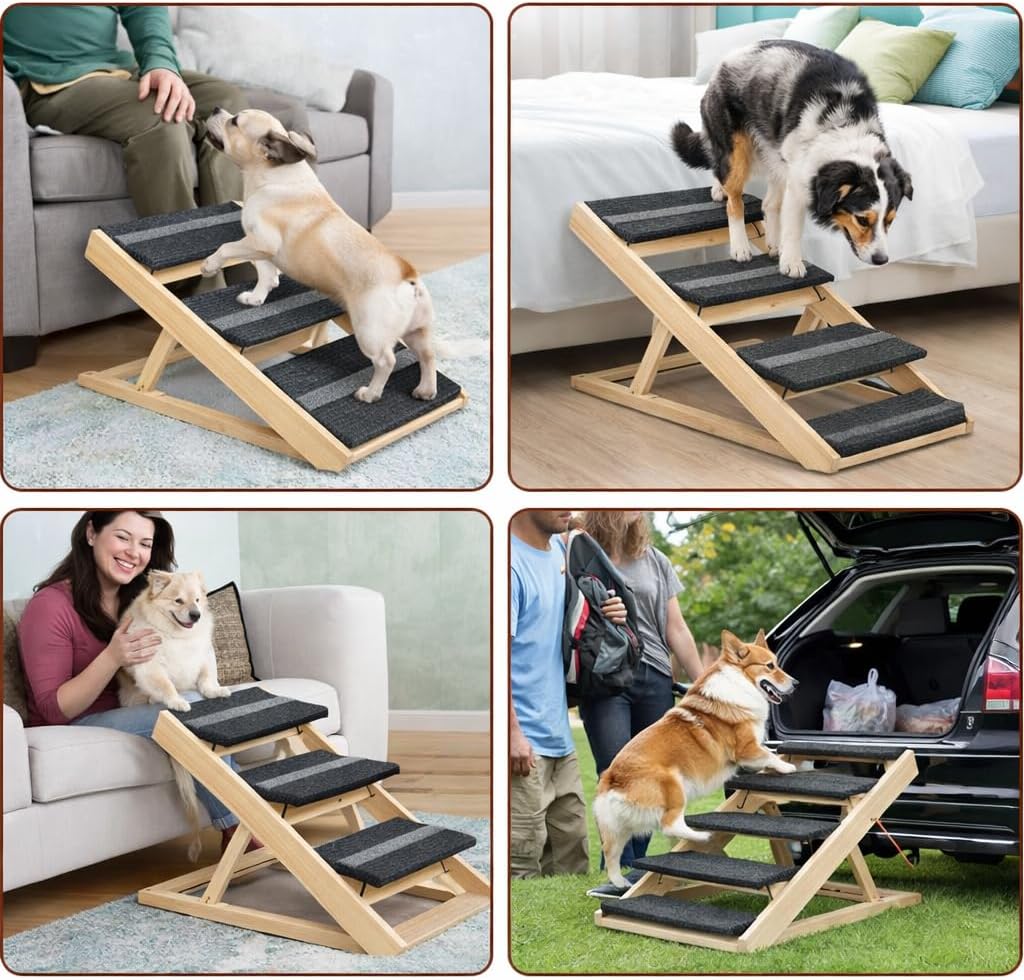 3 Steps Wood Pet Stairs & Ramp for Small and Medium Dogs and Cats, Portable Ramp Pets 2-in-1 Foldable, Non-Slip Pet Ladder for Tall Beds, Sofa, Cars, Holds Up to 220 lbs (3 Steps)