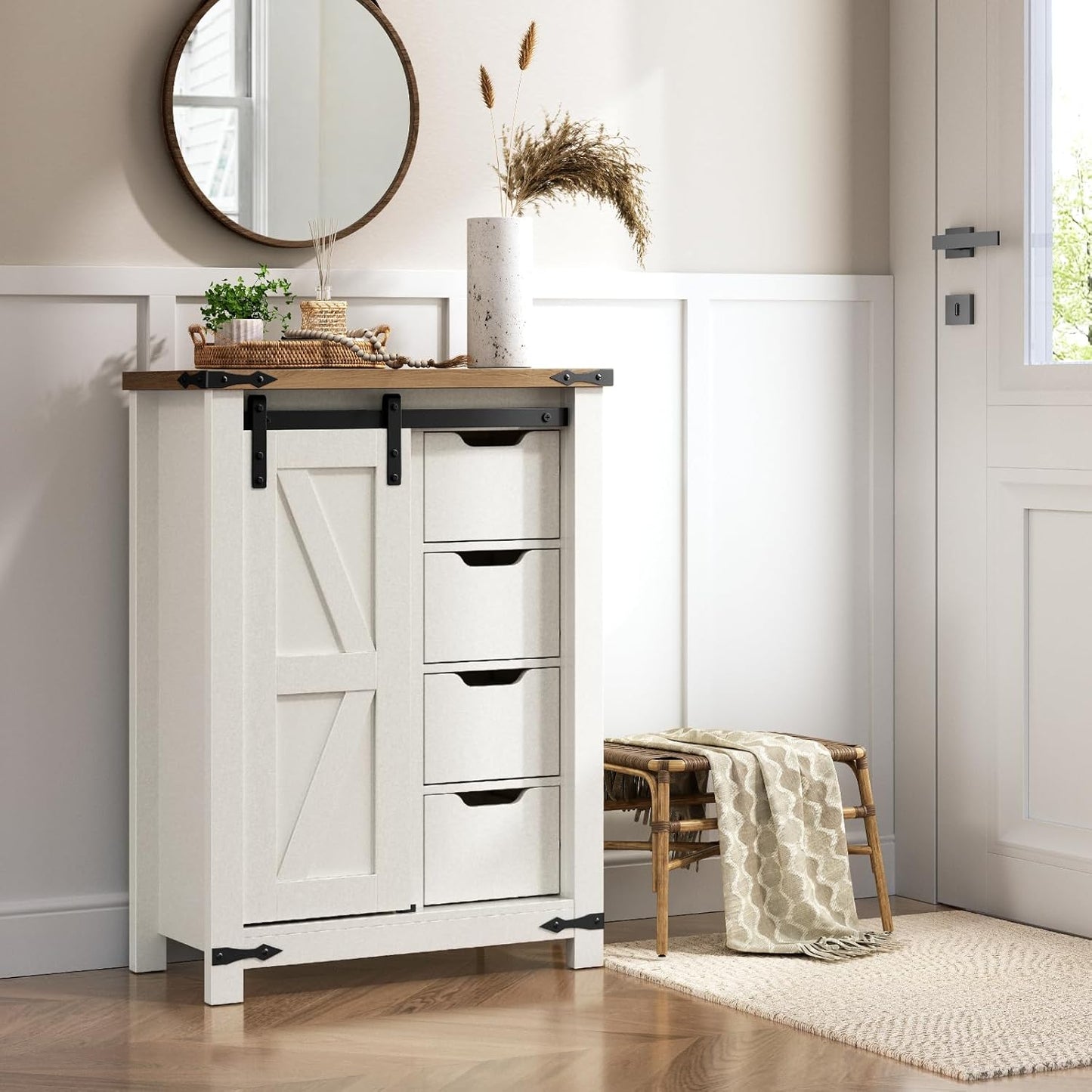 HOOBRO Bathroom Storage Cabinet, Farmhouse Cabinet with Sliding Barn Door, Adjustable Shelf and 4 Drawers, 11.8" D x 23.6" W x 31.9" H, Freestanding for Bathroom, Kitchen, White and Walnut