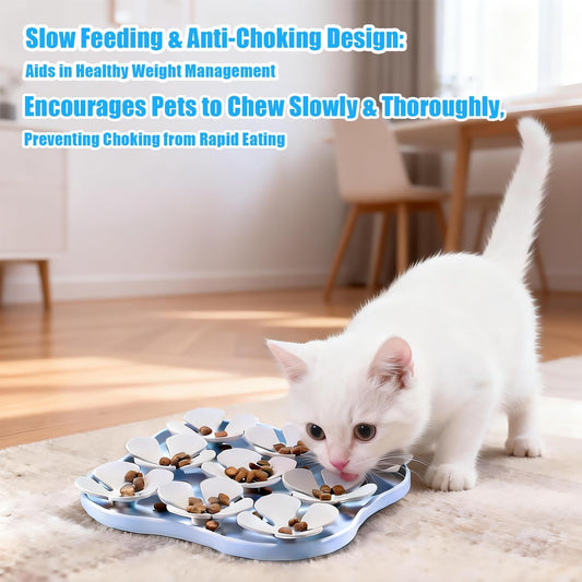 Slow Feeder Bowl for Dogs and Cats - Non-Slip Licking Mat with Suction Cups, Treat Puzzle & Anti-Choke Feeding Pad, Flower Petal Silicone (Blue and Grey)