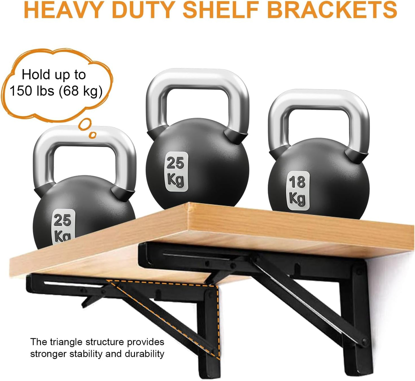 Storystore Folding Shelf Brackets - 10 Inch Heavy Duty Metal Collapsible Shelf Bracket for Bench Table, Shelf Hinge Wall Mounted Space Saving DIY Bracket, Max Load: 150 lb (2 PCS, Black)