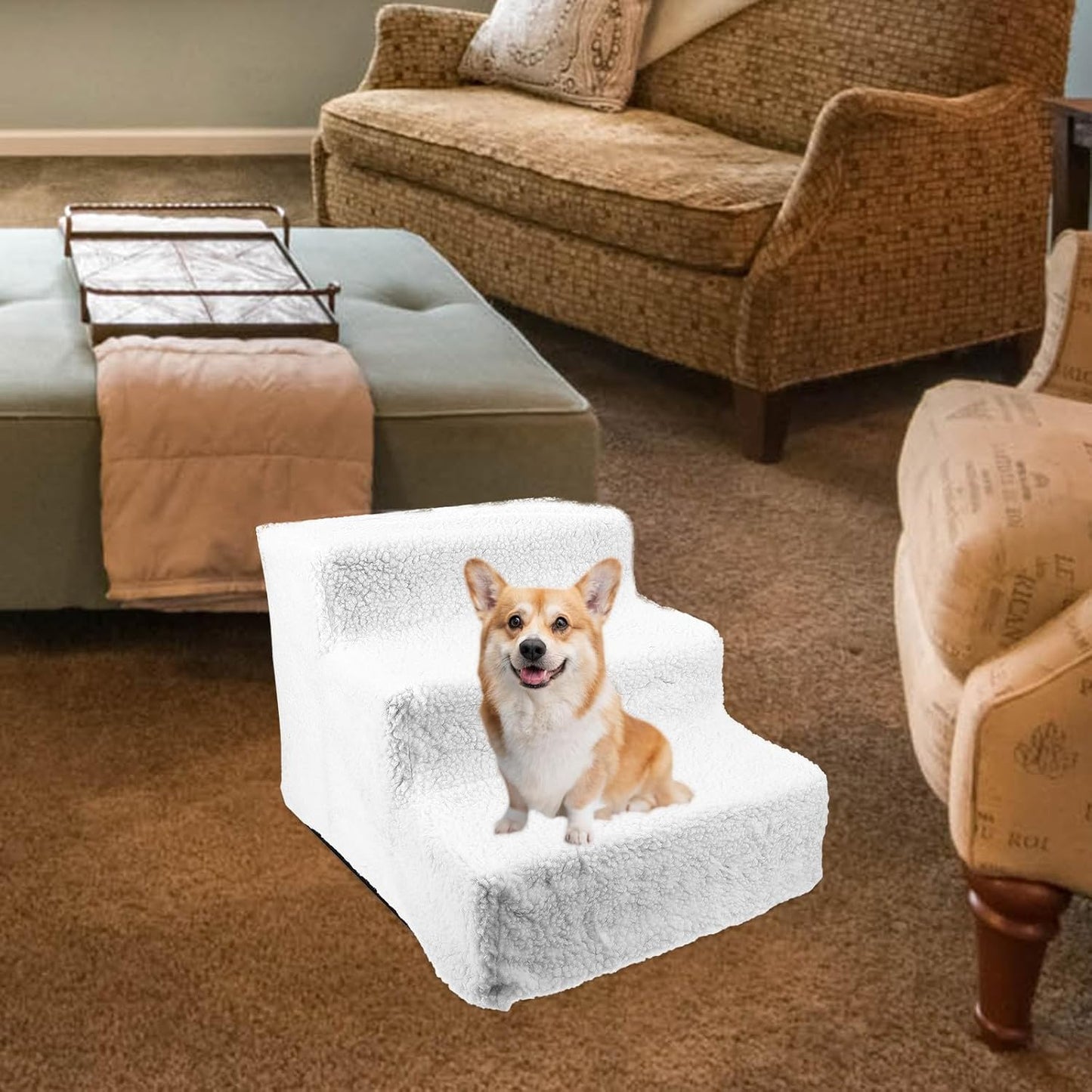 FAVOMOTO Pet Ladder for Dogs and Cats, Non-Slip Puppy Stair with White Modular Steps, Indoor Small Animal Climbing Ramp for Sofa and Bed Use