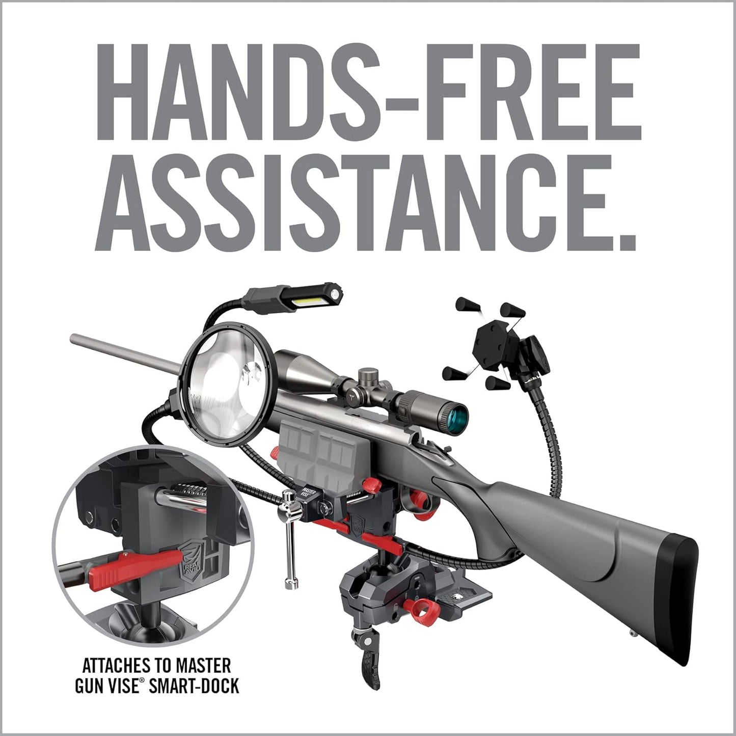 Real Avid Smart‑Assist Accessory System – Quick‑Connect Hands‑Free Workbench Kit with Rechargeable 180‑Lumen Work Light, 5" Magnifier & Cell Phone Holder for DIY Projects