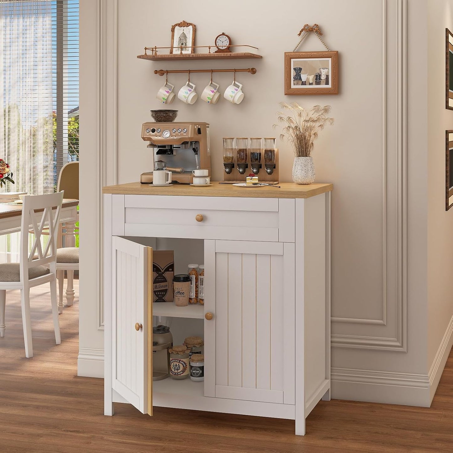 Storage Cabinet,Coffee Bar Cabinet, Kitchen Storage Cabinet, Modern Farmhouse Buffet Sideboard with Drawer, for Kitchen, Dining Room, Entryway（White）