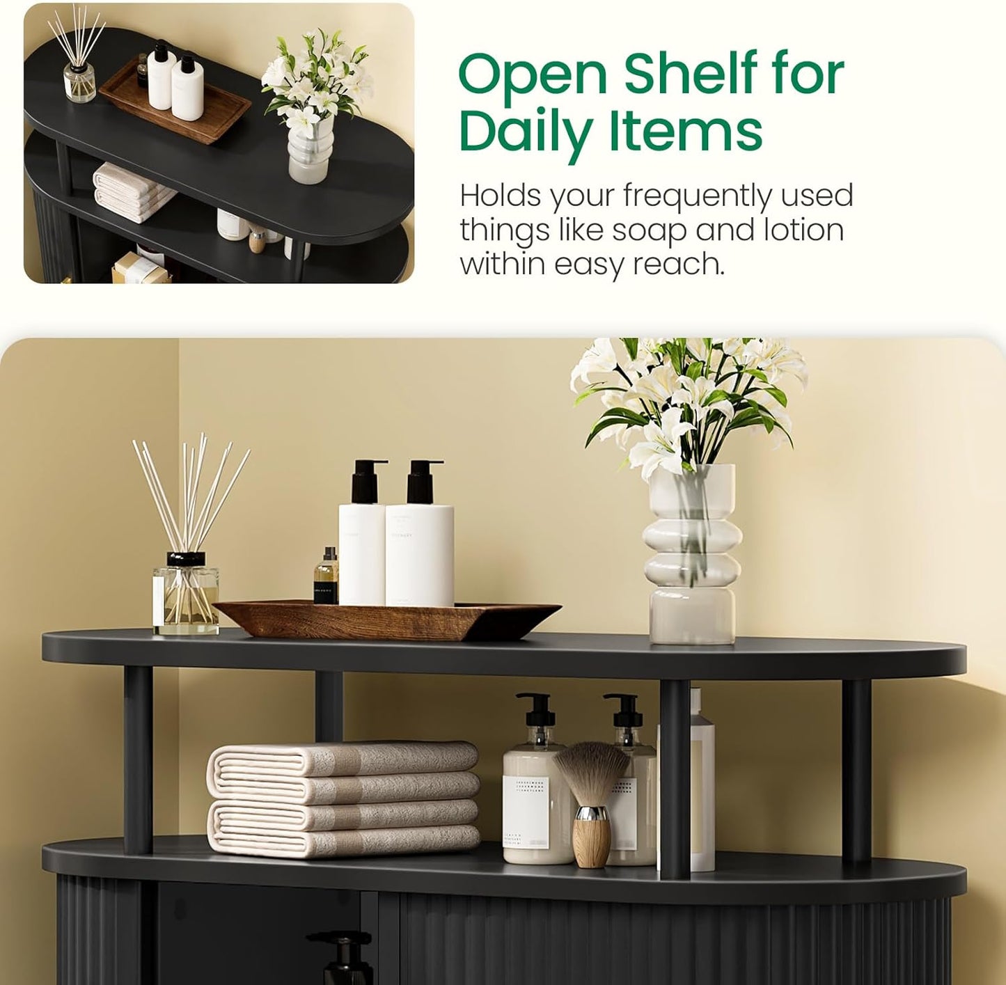Bathroom Storage Cabinet, Bathroom Cabinet with Sliding Doors, Freestanding Floor Cabinet with Gold Handles, Modern Bathroom Organizer and Storage, for Bathroom, Kitchen, Entryway, Black