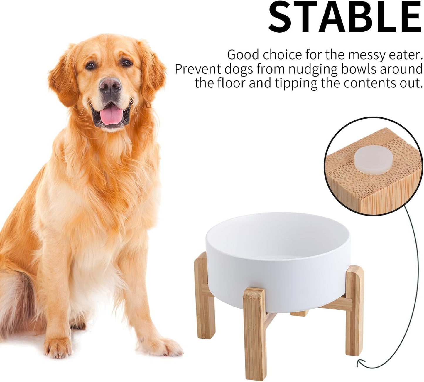 White Elevated Dog Bowl Ceramic for Medium Large Sized Breed,Raised Dog Food Water Bowl with Stand,8 in 7.6 Cups Non Slip Pet Dish Heavy Weighted