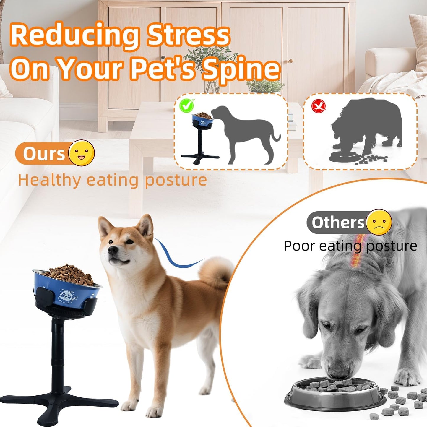Elevated Dog Bowl, Raised Dog Bowls with 3 Heights & Tilted Feeding Design, Fits 14-24.5cm Bowls, Raised Stand for Large, Medium & Small Breed with Dogs Slow Feeder Bowl & Anti-Slip Mat