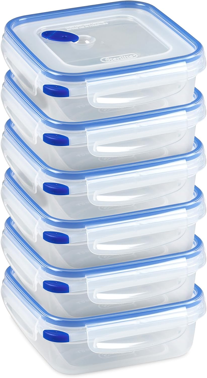 Sterilite Ultra-Seal 4 Cup Square, Airtight Food Storage Container, Latching Lid, Microwave and Dishwasher Safe, Clear With Blue Gasket, 6-Pack