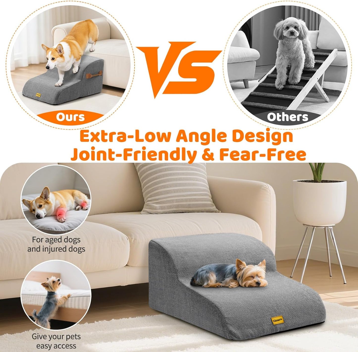 Gimars Upgraded 55CM Long Wide Steps 2 Step Dog Stairs for Small, Medium & Senior Dogs, 30CM High Ramp with 33D High-Density Foam, Linen Cover, Non-Slip Base, Supports 30KG, for Bed & Sofa