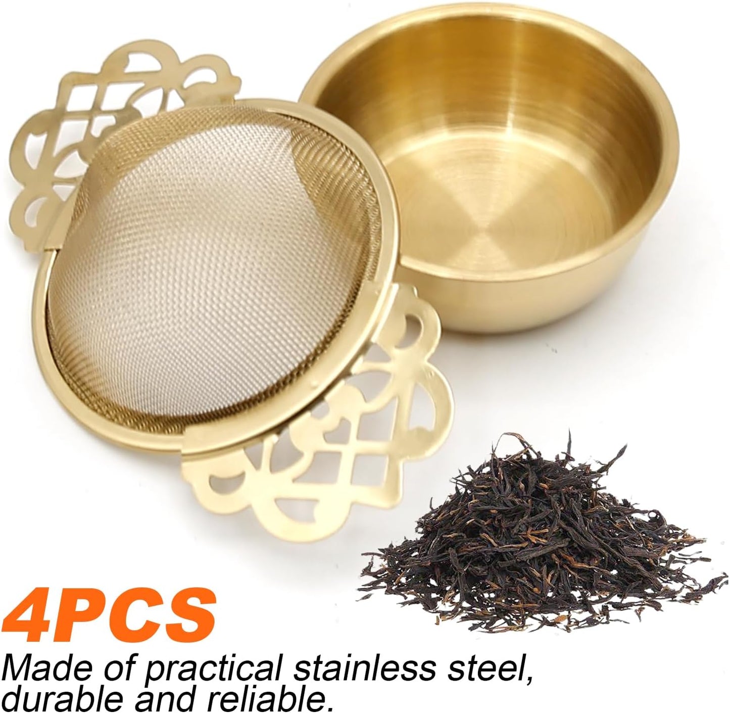 304 Stainless Steel Tea Drain Strainer Tea Filter Mesh Tea Drip Bowls Teapot Strainer With Petal Handles Tea Divider, Pack Of 4