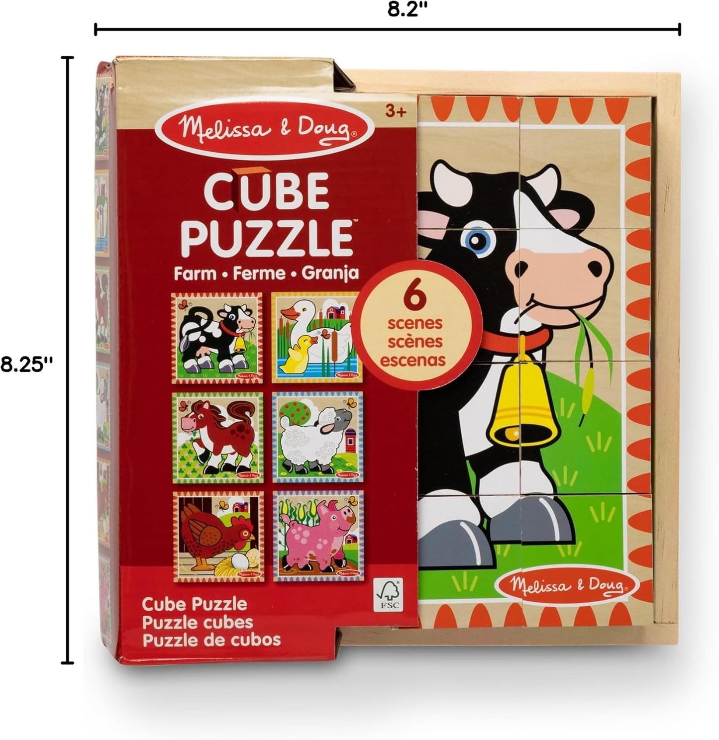 Melissa & Doug Farm Wooden Cube Puzzle with Storage Tray – 6-in-1 Animal Puzzle for Toddlers and Preschoolers – 16 Wooden Cubes – Farm Toy for Kids Ages 3+ - FSC Certified