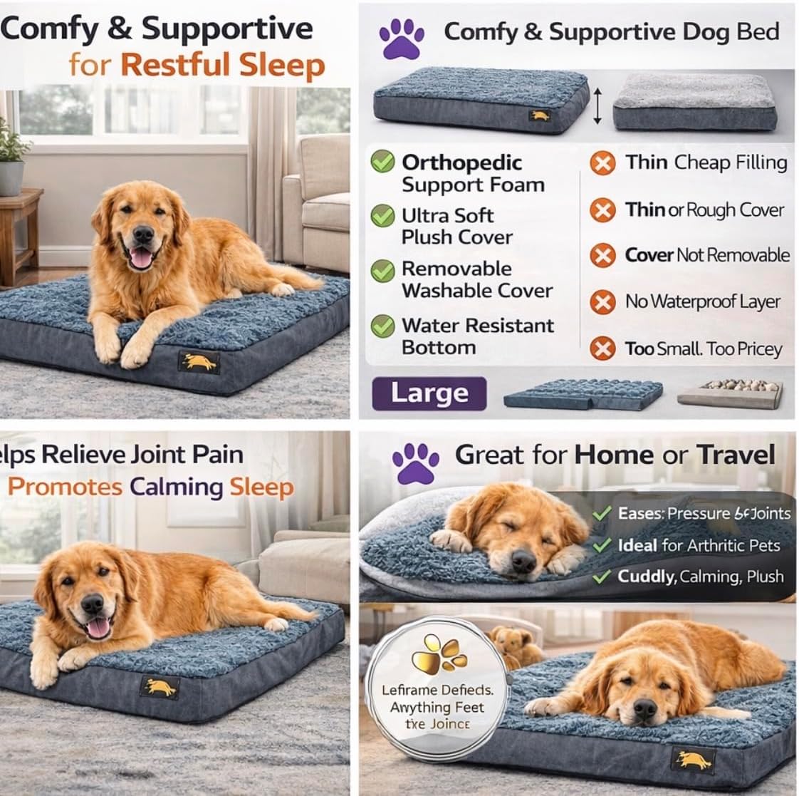 Orthopedic Dog Bed, X Large, Gray, Plush Cover, Removable Washable Cover, Water Resistant Bottom, Supportive high Density Foam (42X30x3.5) Size