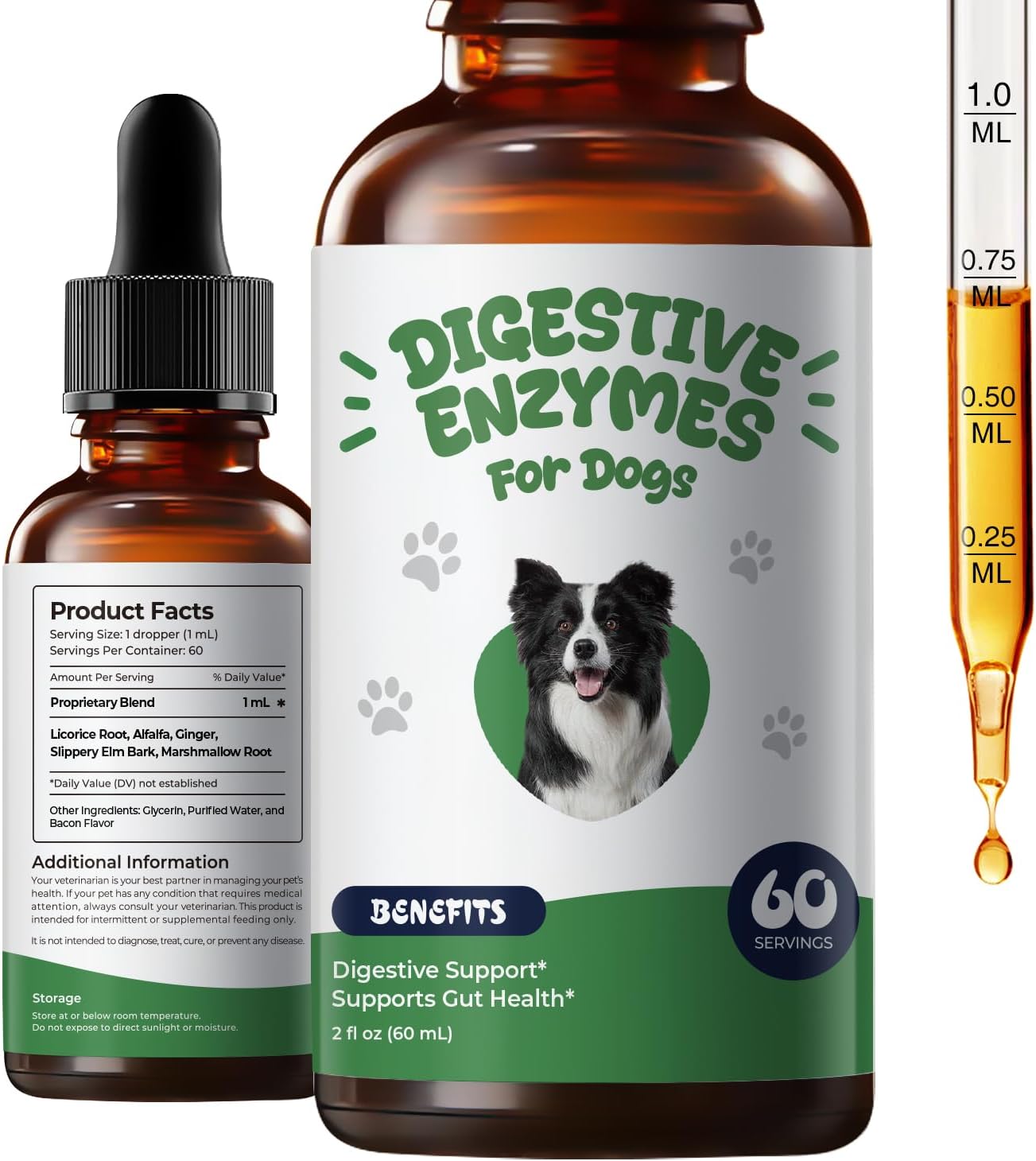 Digestive Enzymes for Dogs, Stool Eating Deterrent Support & Diet Change Aid, Liquid Enzyme Drops to Help Break Down Protein, Fat & Carbs, Daily Digestive Support, 2 fl oz (60 mL)