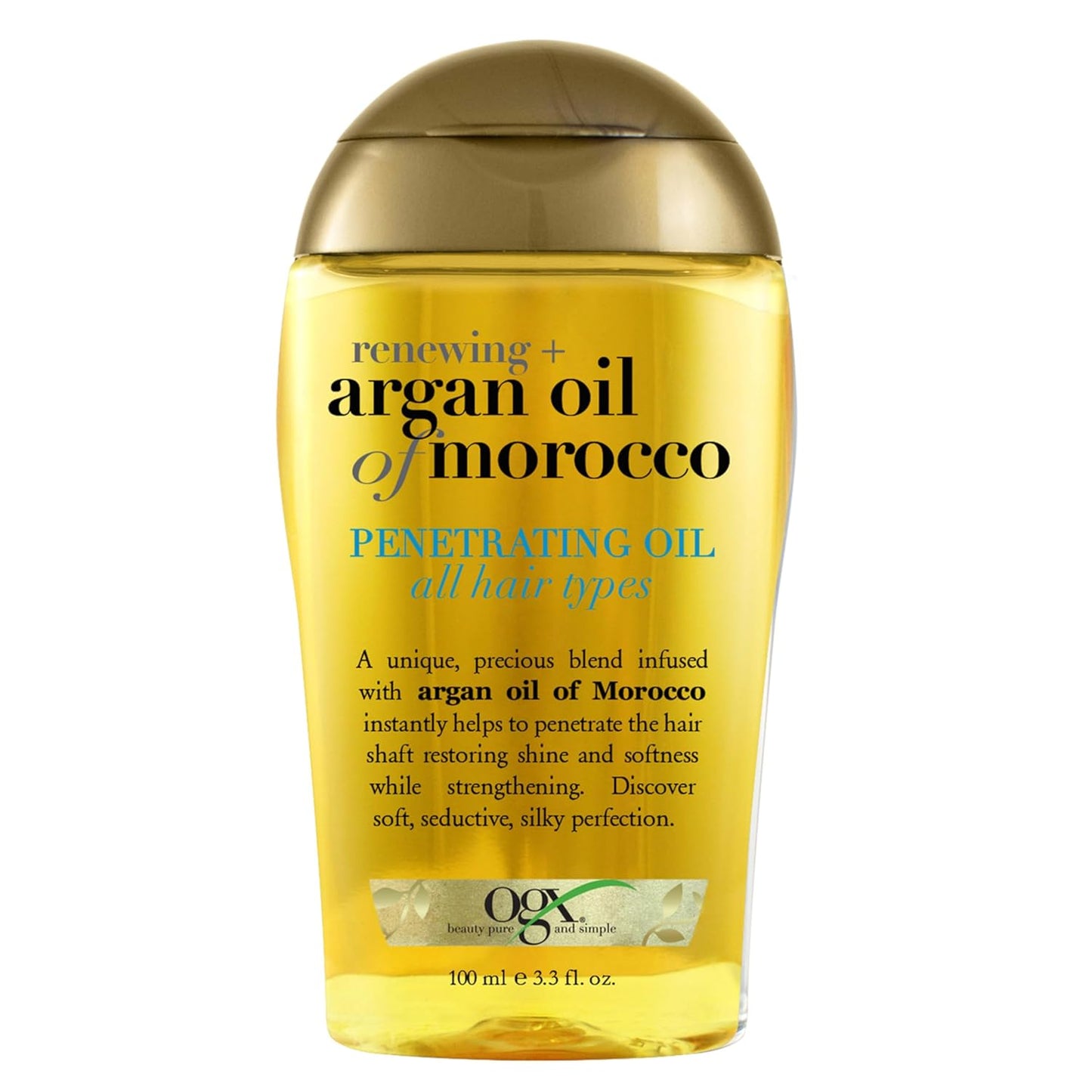 OGX Renewing + Argan Oil of Morocco, Cold-Pressed Argan Oil for Hair Penetrating Treatment & Shine, Moisturizing & Strengthening Silky Oil for All Hair Types, Paraben & Sulfate Free, 3.3 fl oz | Renewing, Moisturizing, Strengthening, Silky Oil, All Hair T