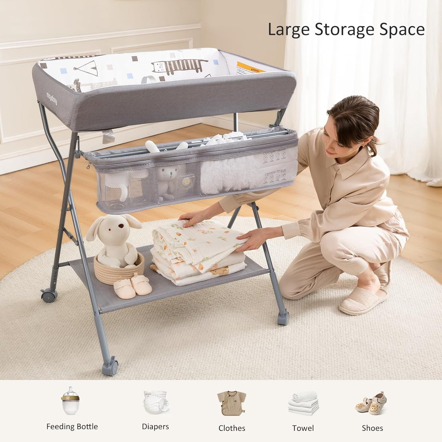 Baby Changing Table with Wheels, Maydolly Portable Adjustable Height Folding Diaper Station with Nursery Organizer & Storage Rack for Newborn Baby and Infant (Light Grey)
