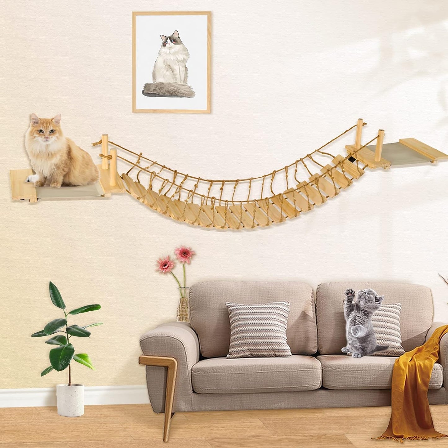Calmbee Cat Wall Shelves - 70" Cat Bridge Hammock Tree with Mounted Perch & Cloud Shelf