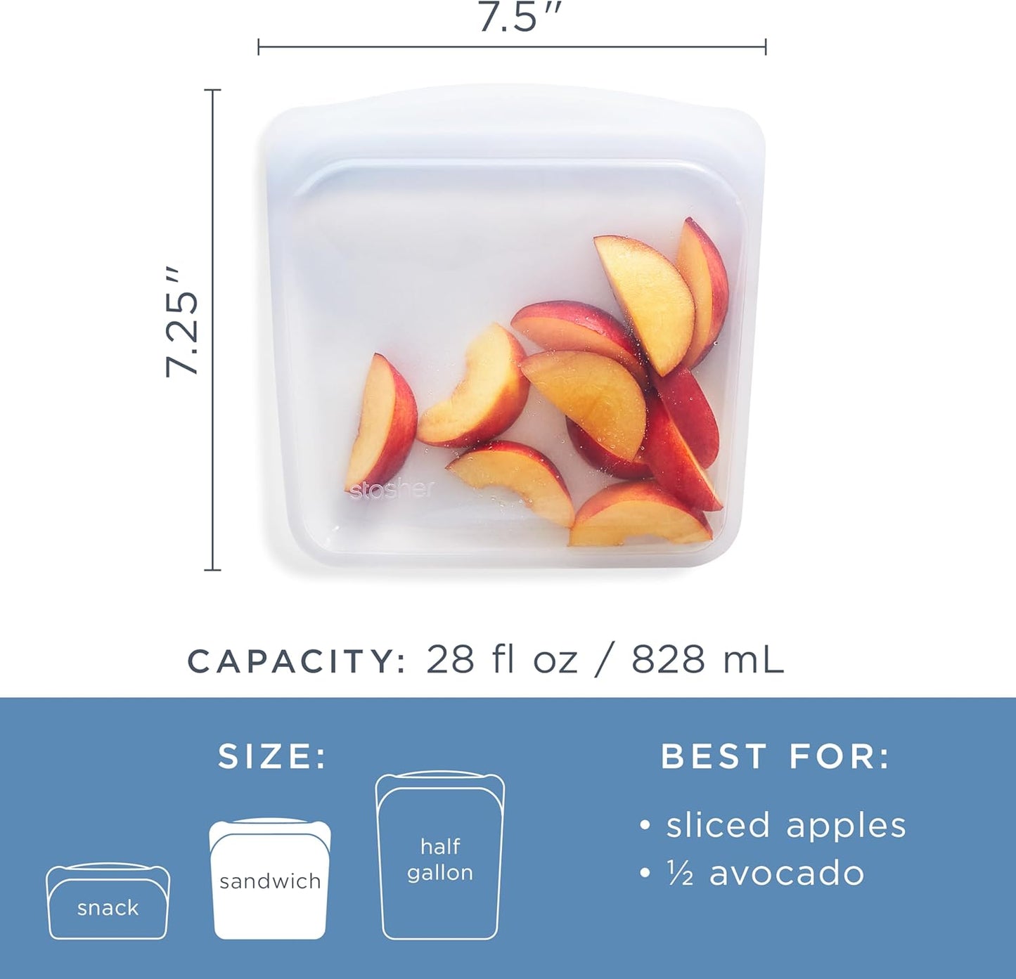 Stasher Silicone Reusable Storage Bag, Sandwich Bags, Reusable Freezer Bag, Microwave, Dishwasher, Oven Safe, Sous Vide, Premium Lunch Container, Eco Friendly, Food Storage Bags, 28 oz, Clear | Reusable Food Bag