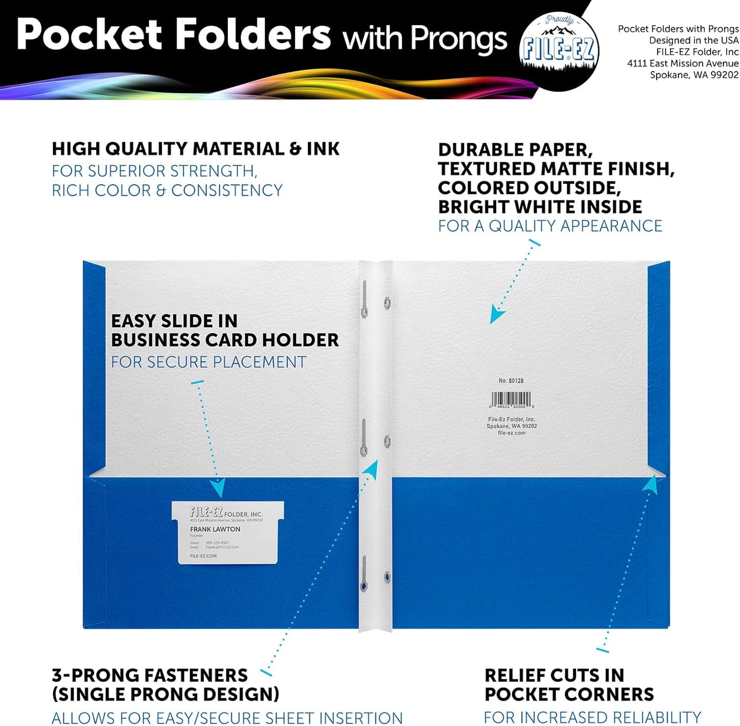 FILE-EZ Two-Pocket Folders with 3-Prong Fasteners, Assorted Colors, 25-Pack, Durable Textured Paper, Matte Finish, Letter Sheet Size (EZ-92500)