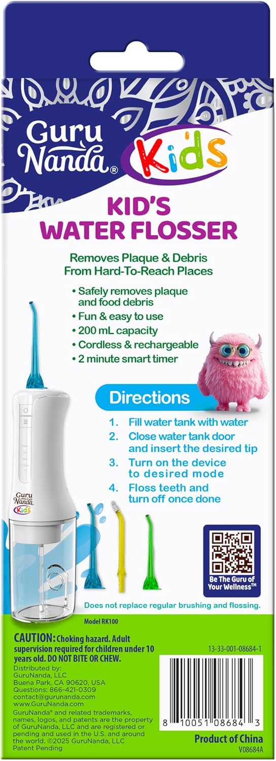 GuruNanda Kids Water Dental Flosser - 4 Flossing Modes, 4 Nozzles, 2-Min Smart Timer, Ages 6+, Monster Frens Theme, Portable Oral Care for Kids