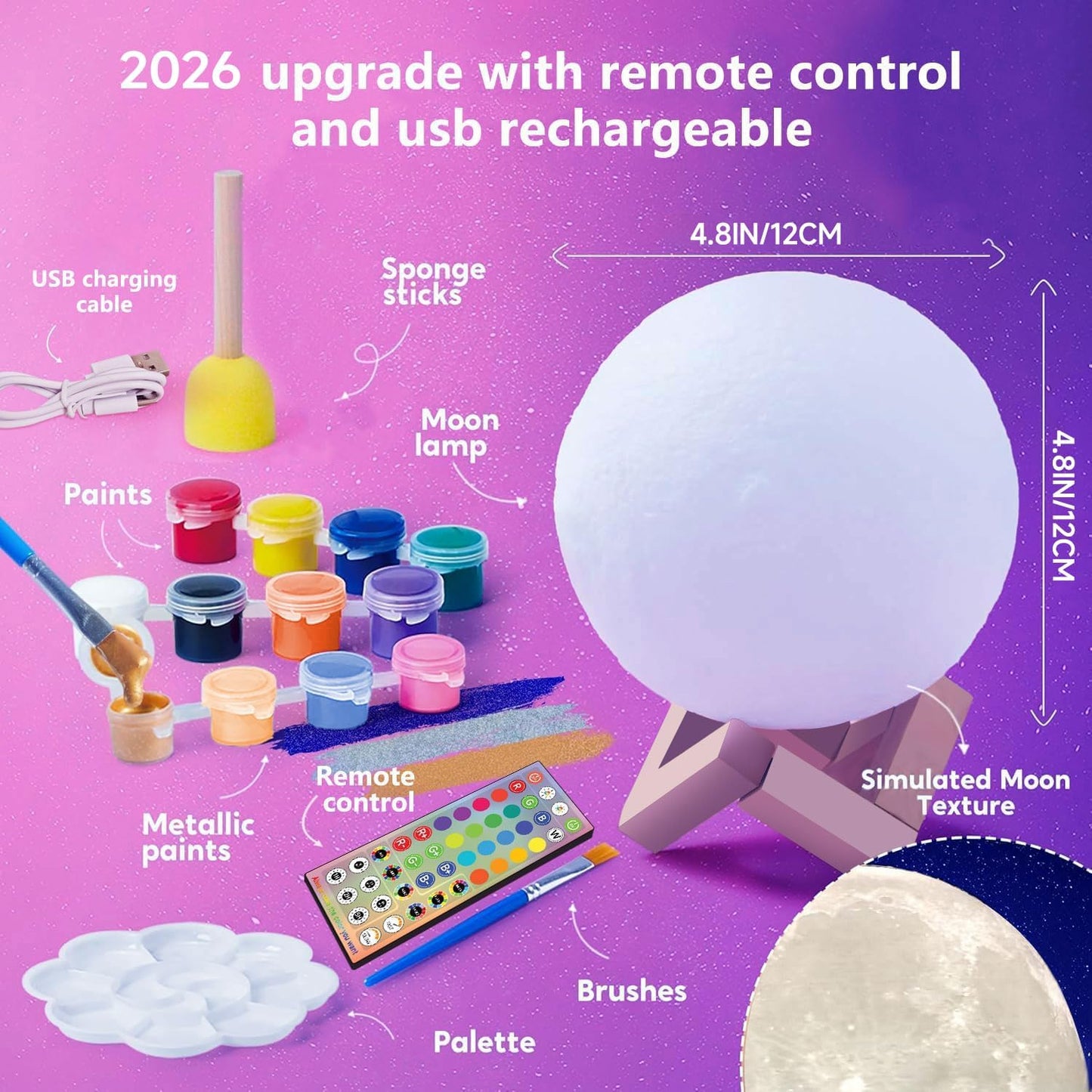 HOLA Paint Your Own Moon Lamp Kit, 2025 Updated USB Rechargeable, DIY Arts Supplies and Crafts Kit, Easter Gifts for Kids Girls Boys Teens, Ages 6 7 8 9 10 11 12 13 14 15 16 Year Old Birthday