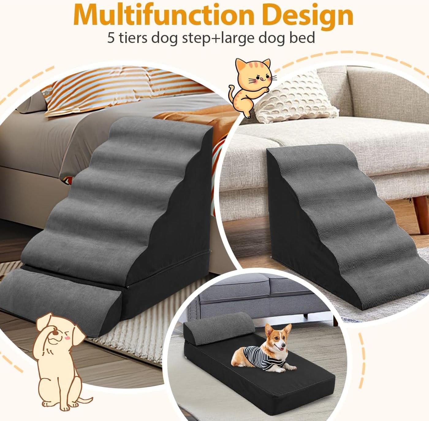 Dog Stairs/Steps for High Beds up to 30-36 inches, A.FATI 6 Step Foam Pet Steps for Small Dogs/Old Pets, 30" H Non-Slip Dog Ramp for Bed, Dark Grey