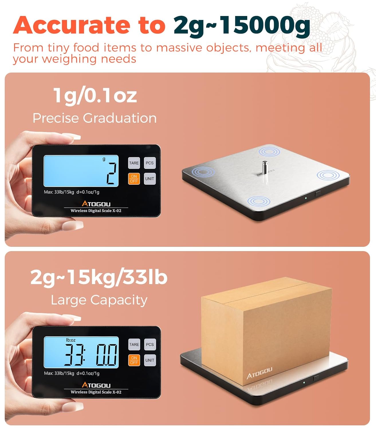Atogou Upgraded Wireless Food Scale, 33lb/15kg Kitchen Scale with Detachable Display & Larger Platform, 0.1oz/1g, 9 Units, Counting Function, Stainless Steel, for Cooking, Baking, Shipping, Silver