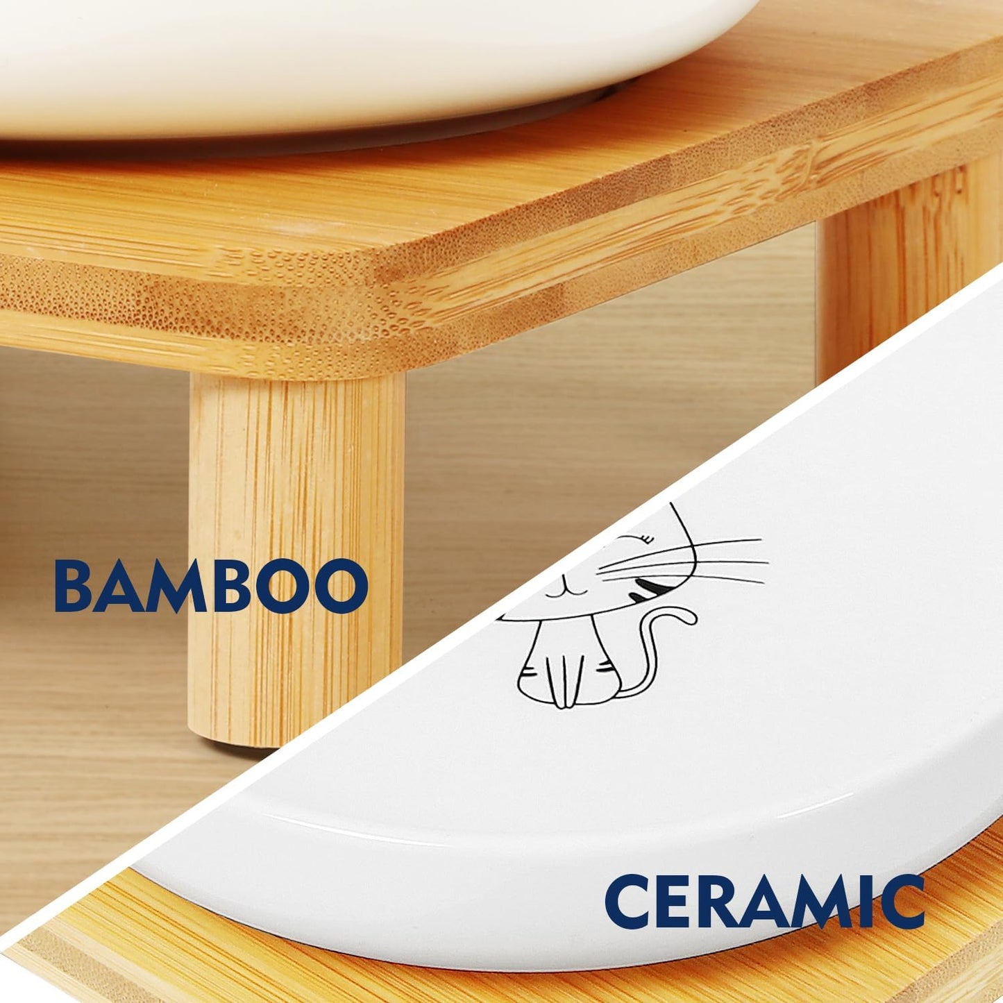 Elevated Cat Bowls for Indoor Cats – Raised Bamboo Cat Food Table with 2 Ceramic Dishes, Adjustable Height (4.25"/3.07"), Whisker Friendly Feeding Station