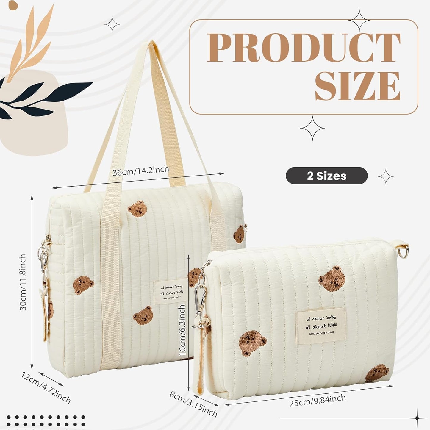Paterr 2pcs Quilted Diaper Bag Tote Set Multifunction Cotton Maternity Hospital Bag Overnight Travel Handbag for Women Nurse