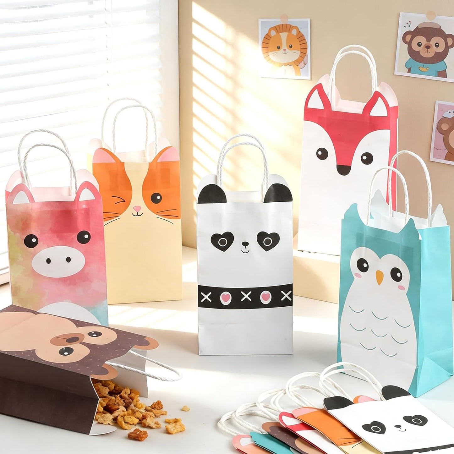 12 PCS Cute Animals Theme Party Favor Bags with Handles Squish Kawaii Animal Birthday Gift Bags Goodie Paper Bag Squish Animals Party Favors for Kids Birthday Parties Supplies Baby Shower Decorations