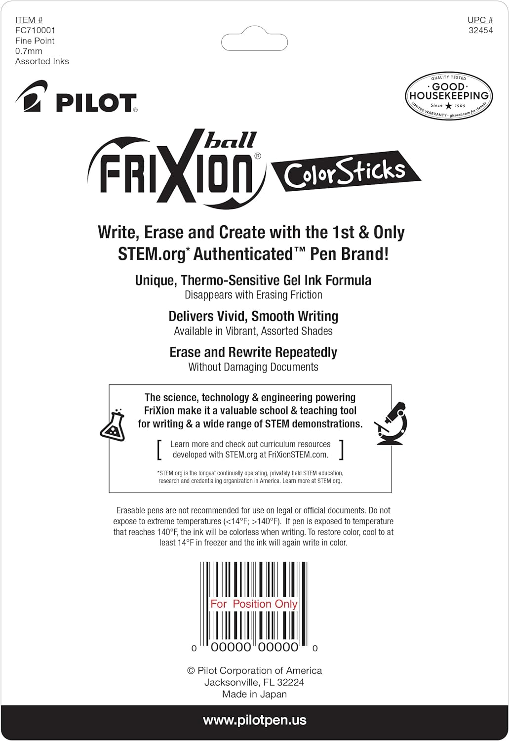 Pilot Frixion ColorSticks Erasable Gel Ink Pens, Fine Point (0.7mm), Assorted, 10 Count (32454)