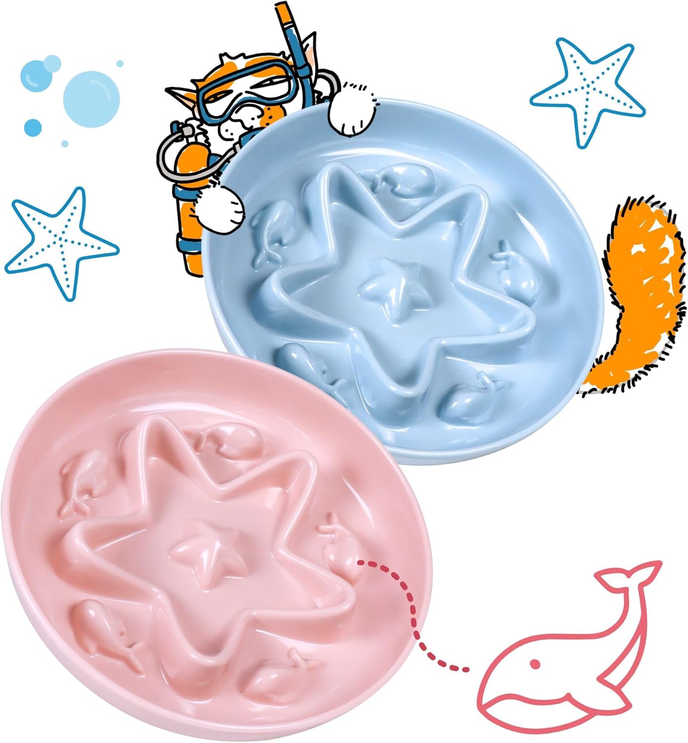 2 Pcs Cat Slow Feeder Bowl – Whisker Friendly Melamine Puzzle Feeding Cat Bowl for Slow Eating – Wet & Dry Food – Dishwasher Safe, Lightweight, Non-Slip (Blue + Pink, 6.3'')