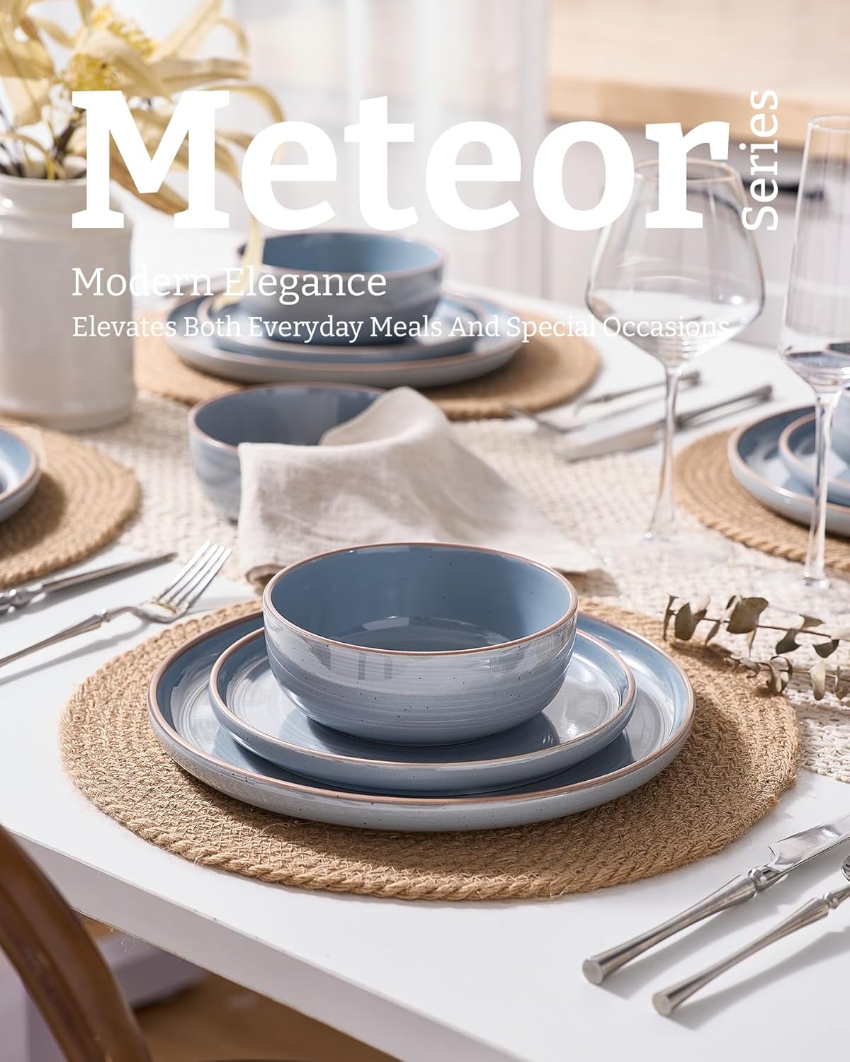 Famiware Meteor Plates and Bowls Sets for 4, 12 Pieces Dinnerware Sets, Microwave and Dishwasher Safe Dishes Set, Blue Gray