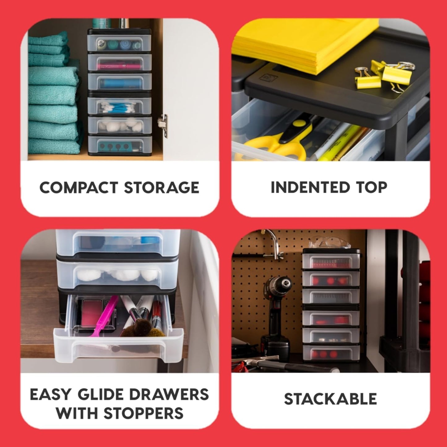 IRIS USA Small 3-Drawer Desktop Organizer, 4 Pack, Stackable, for Office, School, Stationary, Makeup Organizer, Bathroom, Utility, Medical Supplies, Desk Organizer, Versatile Storage, Black