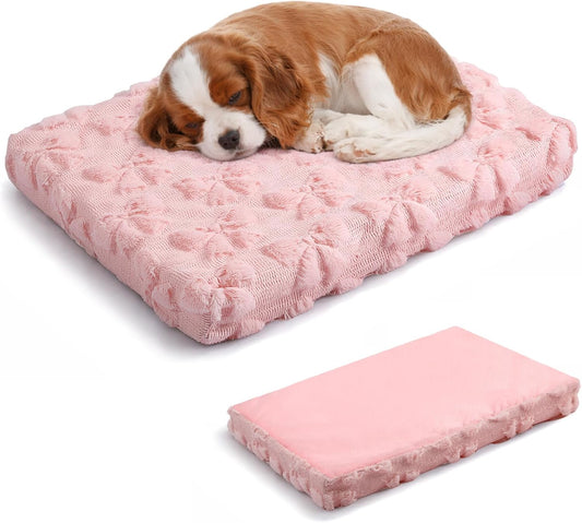 Geelin Pink Bow Dog Bed Mat Cute Dog Crate Pad with Removable Washable Cover Double Sided Cool and Warm 24 x 18.1 x 3 Inch Pink Puppy Bed