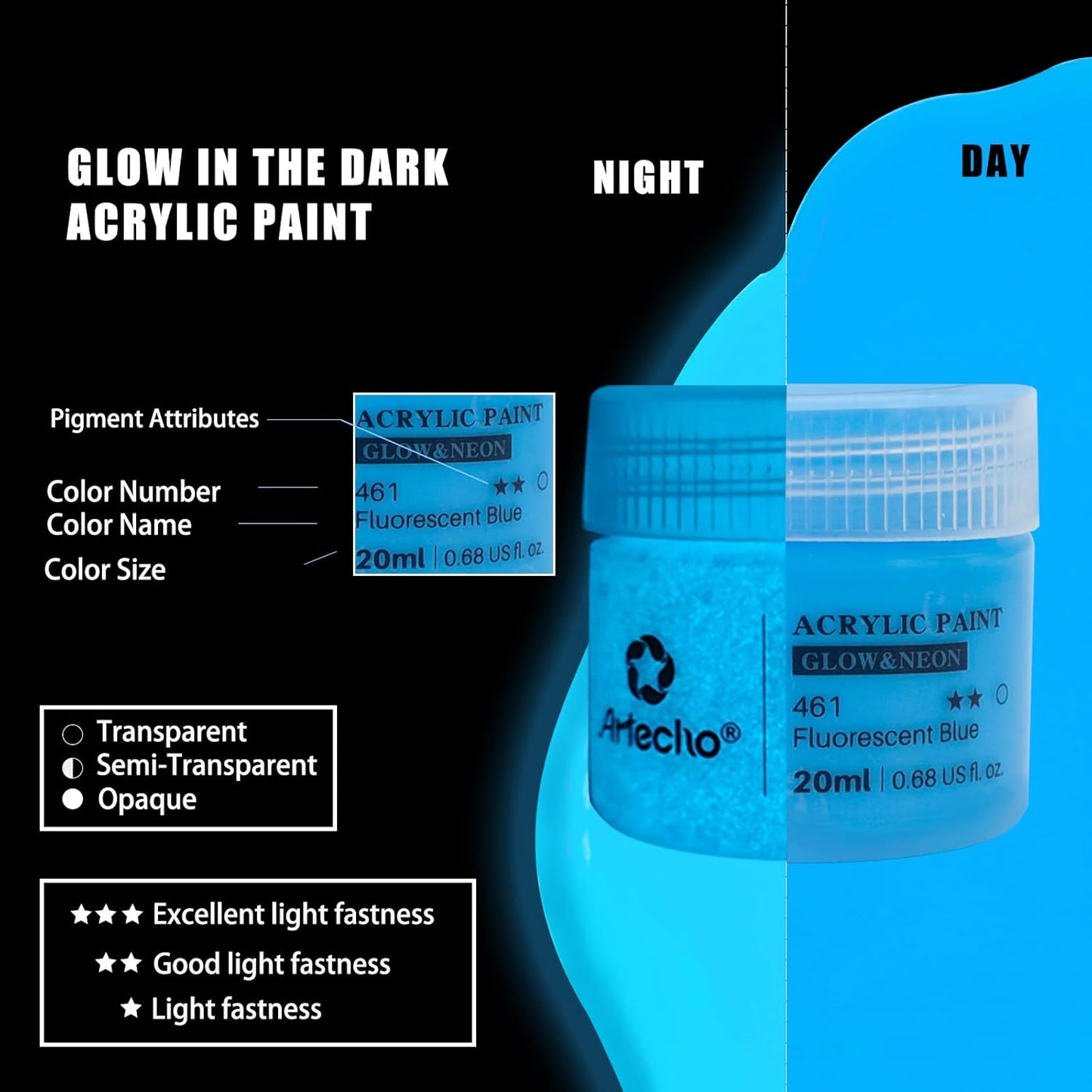 Artecho Glow in the Dark Paint 8 Colors, 20 ml / 0.7 oz Acrylic Paint for Decoration, Supplies for Canvas, Rock, Wood