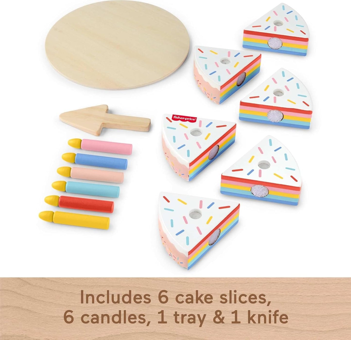 Fisher-Price Wood Pretend Play Toy Cake Set, 14-Piece Wooden Food Decorating & Serving Play for Preschool Kids Ages 3+ Years